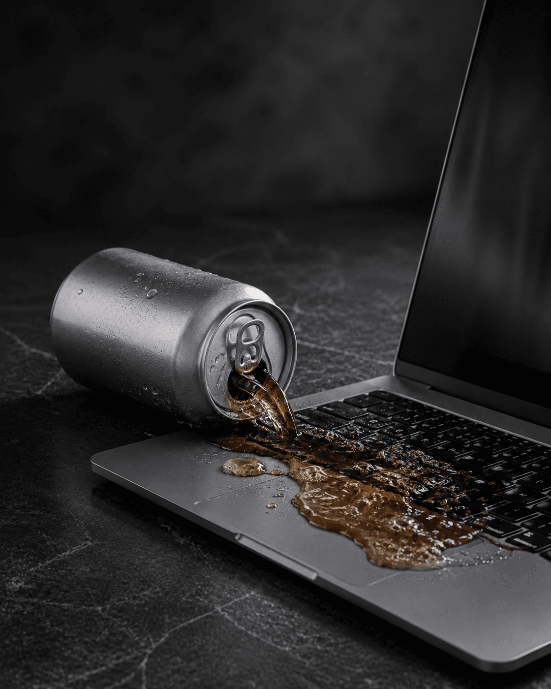 An open can tipping cola across a laptop keyboard
